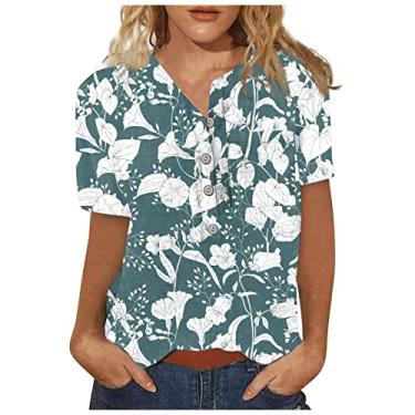 Imagem de Camisetas femininas casuais de verão 2024 de manga curta e gola redonda com estampa de flores, blusas casuais soltas, Ofertas relâmpago verde, M