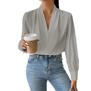 Imagem de EVALESS Camisas de manga comprida para mulheres na moda com decote em V tops de verão elegantes blusas casuais de chiffon ajuste solto blusa de trabalho escritório top, B Cinza, XXG