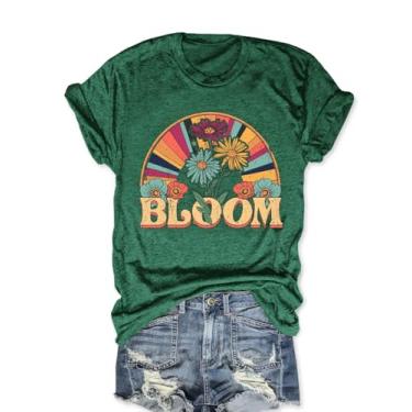 Imagem de Camiseta feminina floral floral vintage arco-íris retrô flores silvestres manga curta hippie blusa floral, Verde, M