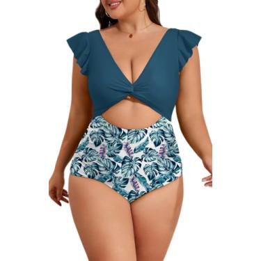 Imagem de Eomenie Maiô feminino plus size, peça única, controle de barriga, gola V, recortado, frente torcida, babados, roupa de banho, Azul pavão floral, XXG