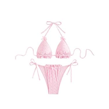Imagem de GORGLITTER Conjunto de biquíni feminino, 2 peças, estampa floral, frente única, triângulo, nó lateral, conjunto de biquíni decorado com laço, rosa, G