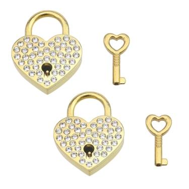 Imagem de KUMGROT 2 cadeados pequenos em forma de coração, mini fechaduras com chaves, strass, cadeado de metal para caixa de armazenamento de joias, livro diário de bagagem, dourado