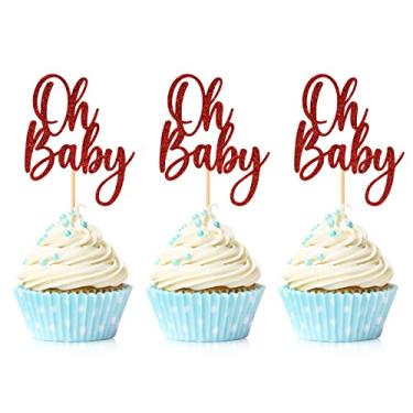 Imagem de 24 Pieces Oh Baby Cupcake Topper Red Glitter Baby Shower Cake Decorations Boys Girls Birthday Party Supplies