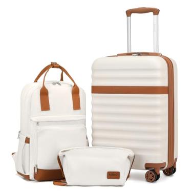Imagem de Kono Conjunto de malas aprovado pela companhia aérea, conjunto de 3 peças, leve, bagagem de viagem, TSA Spinner Wheels Hardshell (creme/marrom, conjunto de 3 peças (BP/TB/20))