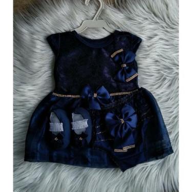 Imagem de Vestido Luxo RN à 05 Meses Renda Baby Com 4 Peças, Par Sapatinhos + Fa