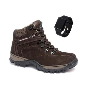 Imagem de Kit Bota Trilha Masculina Tamanho Especial Coturno Couro + Relógio - O