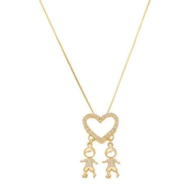 Imagem de Colar Com Pingente Dois Meninos Filhos Banho De Ouro - Jhulias Joias E