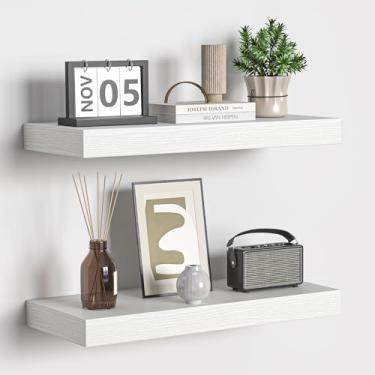 Imagem de Fun Memories Prateleiras flutuantes - Prateleira de parede branca rústica de 40,6 cm - Prateleiras montadas na parede para armazenamento de decoração de parede - Prateleiras de madeira com suportes