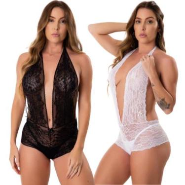 Imagem de Kit 2 Body Feminino De Renda Transparente Decotado Costa Nua Uma Alça 