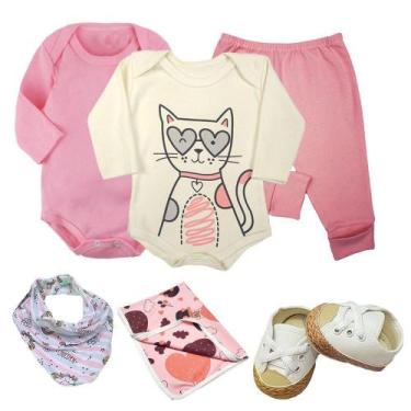 Imagem de Kit Bebê 6 Peças Body Longo Mijão Sapatinho Bandana e Cueiro - Koala B