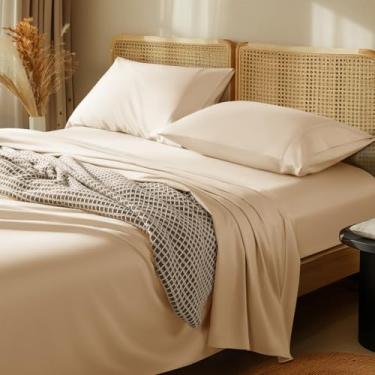 Imagem de Jogo de lençóis LBRO2M 100% algodão egípcio, 1000 fios, lençol de elástico com bordas altas de 40,6 cm, macio e confortável para todas as estações, 4 peças, Casal, creme