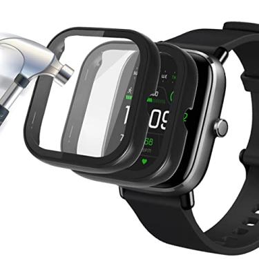 Imagem de Acadeny [Pacote com 2] Capa protetora de tela de vidro temperado compatível com Amazfit GTS 2 Mini, dureza 9H, 360°, capa protetora ultrafina de policarbonato para GTS 2 Mini, preta e preta