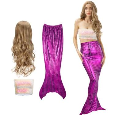 Imagem de Cindeer 3 peças de fantasia de sereia para mulheres, inclui tops cropped de sereia de lantejoulas, tops tubinho metálico, saia cauda, peruca encaracolada (pequeno, roxo)