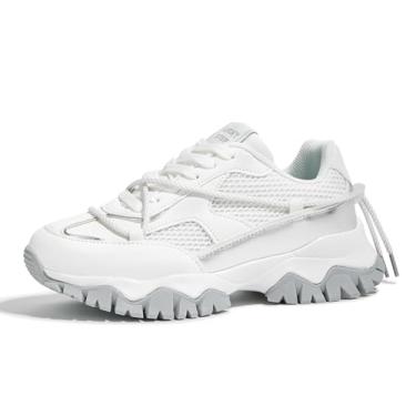 Imagem de LUCKY STEP Tênis feminino plataforma colorido tênis retrô colorblock ajustável estilo de vida elegante fofo pai grosso casual sapatos de caminhada, Branco, 35