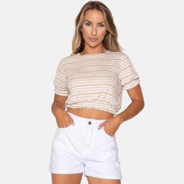 Imagem de Cropped Básico Tecido Listrado - LE JULIE, Off, Dourado, G