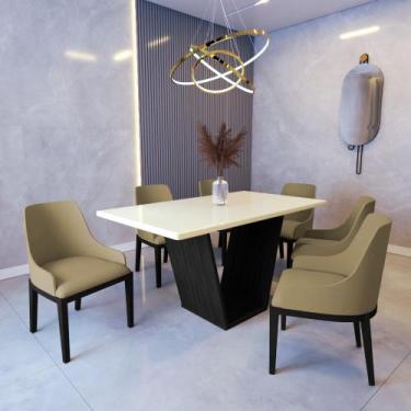 Imagem de Mesa de Jantar Safira 1,6m Off White com 6 Cadeiras Elisa Veludo Bege 