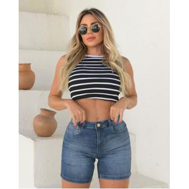 Imagem de Bermuda Jeans Meia Coxa Jeans Feminina Cintura Alta Básica 23556 Médio