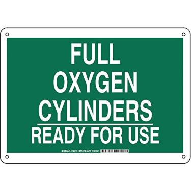 Imagem de Brady 125701 Placa química e de perigo, legenda "Cilindros de oxigênio completos prontos para uso", 25,4 cm de altura, 35,5 cm de largura, branco sobre verde