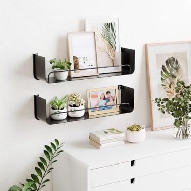 Imagem de Prateleira de metal preta, prateleira de banheiro flutuante moderna com guardrail, prateleiras de metal montadas na parede em forma de U para cozinha, sala de estar, quarto, conjunto 0f 2 prateleiras