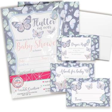 Imagem de Amanda Creation Convites de chá de bebê para meninas – Conjunto de convites de chá de bebê de borboleta roxa com ingressos de sorteio de fraldas, cartões de solicitação de livro e envelopes. Conjunto