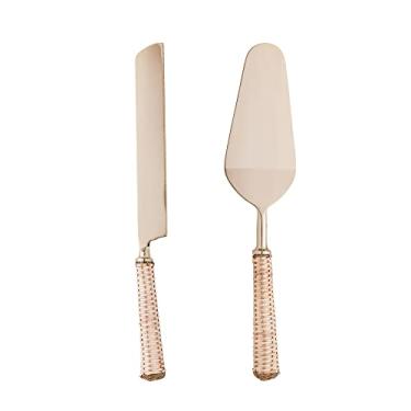 Imagem de ESPÁTULA E PÁ PARA BOLO DE AÇO INOX COM CABO DE RATTAN WOLFF DOURADO