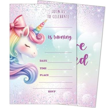 Imagem de heiyihe Convites de aniversário de unicórnio mágico, pacote com 20 convites de festa de aniversário para meninos meninas com envelopes, suprimentos de festa para chá de bebê, 10 cm x 15 cm - D12