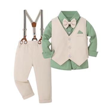 Imagem de YUEMION Roupas infantis para bebês meninos, conjunto de casamento formal com camisa social, gravata borboleta, colete e calça suspensória, para meninos de 1 a 5 anos, cor V verde claro