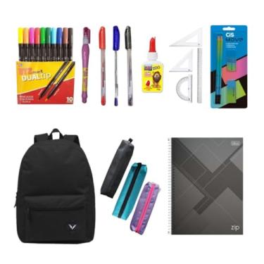 Imagem de Kit Material Escolar com Mochila Estojo Canetinha Régua Volta as Aulas Colorido 26 Itens Lápis Cola