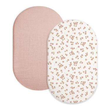 Imagem de Lençol de berço para bebês meninos e meninas, pacote com 2, lençol com elástico para retangular, oval, colchão de berço de ampulheta, cesta de musselina com estilo neutro (floral e rosa)