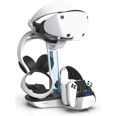 Imagem de Suporte de Estação de Carga PSVR2 para Controladores PS VR2 e PS5, com Correia de Cabeça VR, 4 Estações de Carregamento e Indicadores LED, Suporte para Fones de Ouvido e Controle Remoto