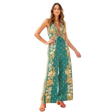 Imagem de Macacão feminino gola halter decote profundo estampa tropical - Sml Fa