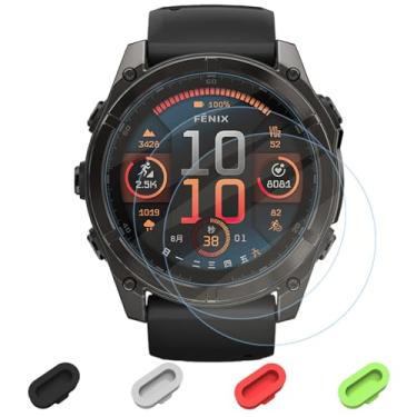 Imagem de Pacote com 3 protetores de tela compatíveis com Garmin Fenix 8 51 mm / Fenix 7X/7X Pro 51 mm / Smartwatch Epix Pro 51 + plugues de silicone antipoeira, vidro temperado antiarranhões, sem bolhas