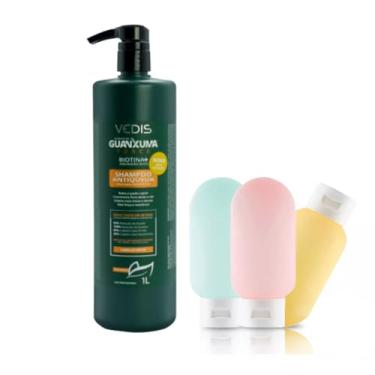 Imagem de Shampoo Cabelos Secos Guanxuma Force Antiqueda - 1L + Kit Potinhos de Silicone para Viagem com necessaire