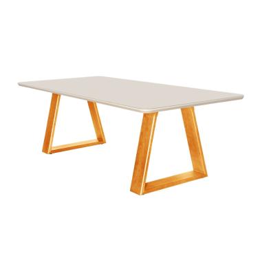 Imagem de Mesa de Jantar Luxo Retangular 180x90 Mdf/vidro para 6 Lugares Pés Madeira Maciça Diamante - Mel/off