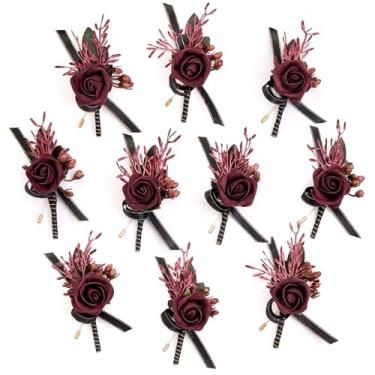 Imagem de Serwalin Borgonha na lapela para casamento, conjunto de 10