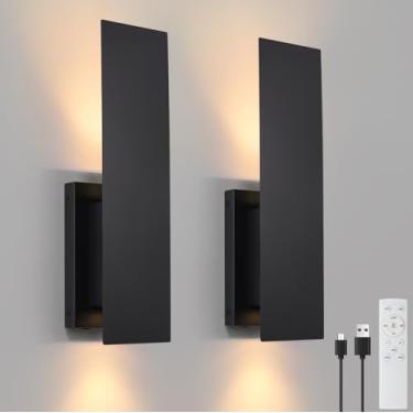 Imagem de Vloitgol Conjunto De Dois Apliques De Parede Sem Fio Pretos, Arandela De Parede Branca Quente De 3000 K Operada Por Bateria Com Controle Remoto, Luzes De Parede Led Recarregáveis Por Usb Para Sala D