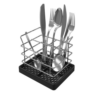 Imagem de Organizador Porta Talheres Aramado Retangular de Pia e Bancada - Cromado c/Base Preta