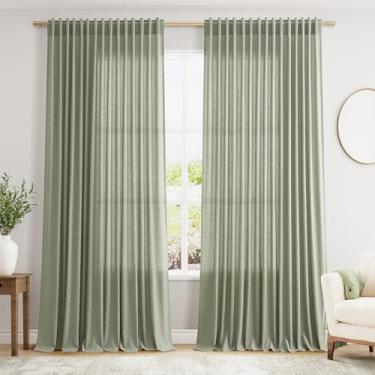 Imagem de Cortinas de linho extra largas de 257 x 236 cm para divisória de sala de estar, cortinas semitransparentes, para portas deslizantes, verde-sálvia, decoração costeira, painel de cortina de janela do