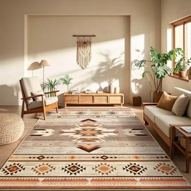 Imagem de B BENRON Tapetes ocidentais para sala de estar, tapete rústico antiderrapante para quarto, mesa de jantar, cozinha, tapetes de área estéticos laváveis para decoração de casa, 1,2 m x 1,8 m, bege