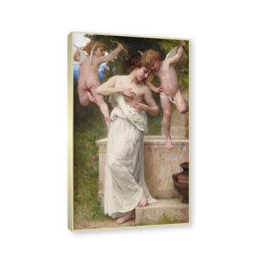 Imagem de NHLDZYH Moldura dourada champanhe. Impressões de arte William Adolphe Bouguereau - Pintura de retrato - (Love Wounds) - Pôster temático de mitologia grega - Pôster de decoração de parede vintage. 40 x