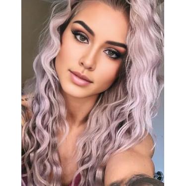 Imagem de Fencca Perucas roxas longas e encaracoladas para mulheres, peruca sintética ondulada e ondulada, parte livre, peruca natural