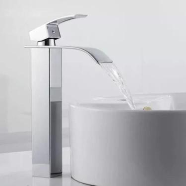 Imagem de Torneira Banheiro Cuba Alta Cascata Inox Bancada Metal Acabamento Bril