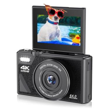 Imagem de Câmera digital de 64 MP, câmera vlogging 4K, câmera de foco automático com zoom de 18x, câmera pequena compacta com tela flip de 7 cm, câmera pequena para meninos e meninas, para fotografia de vídeo