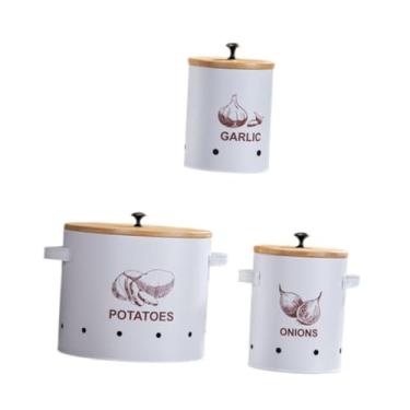 Imagem de Ioensy 3 peças de recipientes para batata, cebola e alho, com orifícios de ventilação, recipientes decorativos para alimentos com tampa, latas de vegetais, Branco