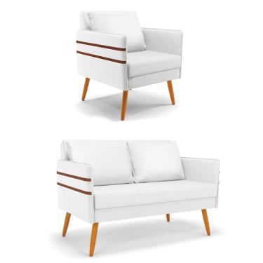 Imagem de Kit 01 Namoradeira E 01 Poltrona Corino Branco Castanho
