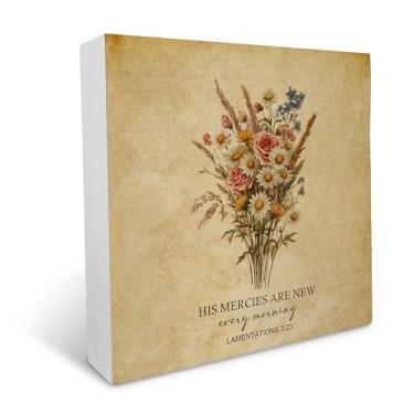 Imagem de Ku-Dayi Placa de caixa de madeira floral cristã vintage, His Mercies Are New Every Morning Decorações inspiradoras de caixa de madeira para escritório em casa, placa de bloco de madeira religiosa