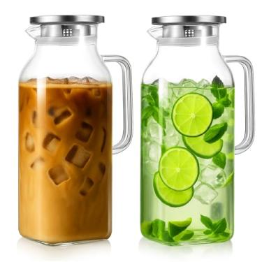 Imagem de Ptwola Pacote com 2 jarra de vidro de 2 litros/1,927 g com bico de tampa, jarro quadrado para bebidas quentes e frias, jarro grande de borossilicato resistente ao calor com alça para geladeira, chá