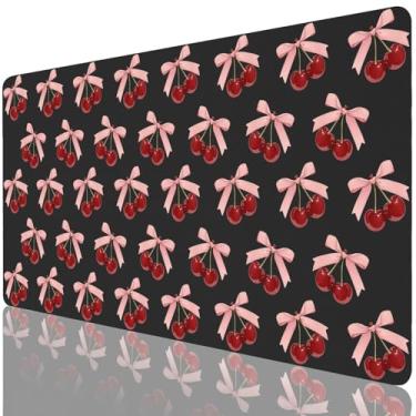 Imagem de Cozynestcy Tapete de mesa moderno com laço cereja 70 x 35 cm fofo kawaii menina tapete de mesa couro PU grande tapete de mouse pad adorável tapete de mesa antiderrapante para meninas mulheres