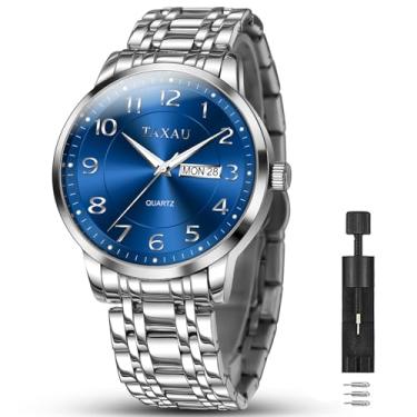 Imagem de Taxau Relógio masculino prata com mostrador grande e luxuoso, à prova d'água, analógico, quartzo, masculino, aço inoxidável, com mostrador luminoso e número romano, Azul-G8405, round, Minimalista