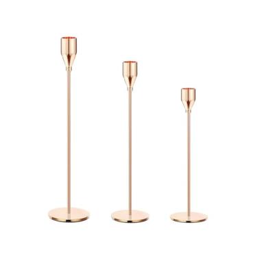 Imagem de Hitopin 3 peças de castiçal de ouro francês, suportes de candelabro alto cônico, conjunto de castiçais de metal decorativo moderno, suporte de vela de pilar grosso, decoração para mesa central de